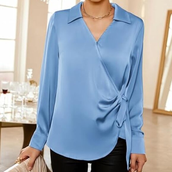 Grace Karin Blue Wrap Blouse NWT - Picture 2 of 13